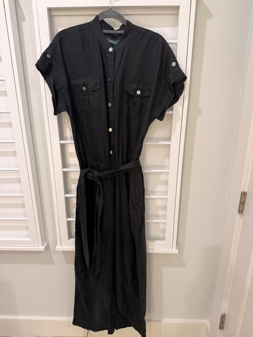 Ralph Lauren Black Linen Button-Front Shirtwaist Jumpsuit Sz 10